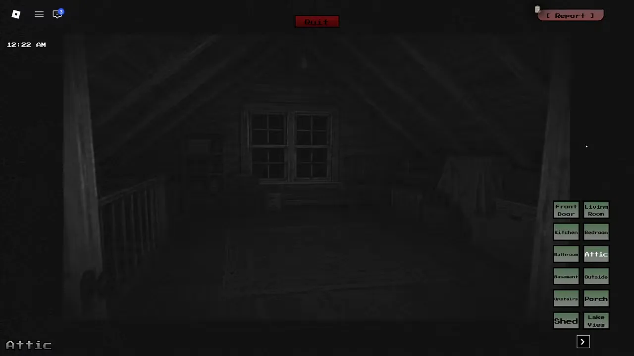 The Attic camera feed in The Cabin — a night-vision attic with a window, covered furniture, and the twelve-room camera buttons