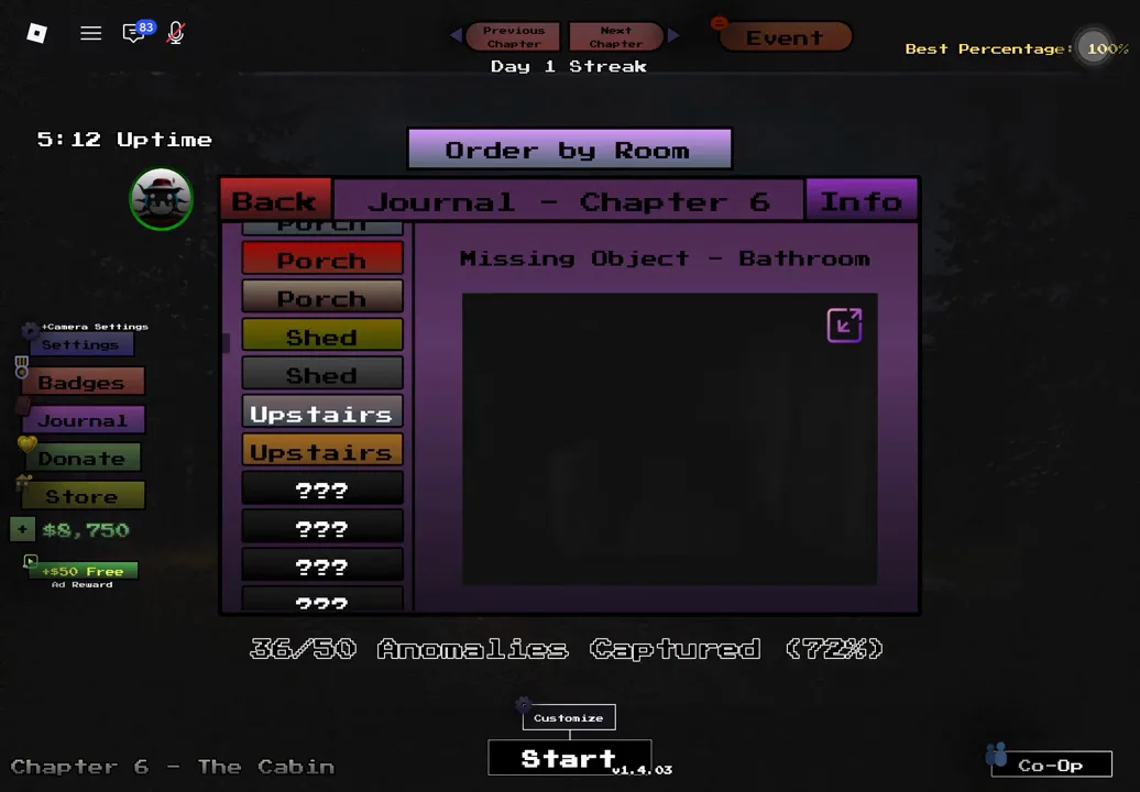 The Chapter 6 Journal scrolled to Porch, Shed, and Upstairs entries with four undiscovered slots shown as question marks