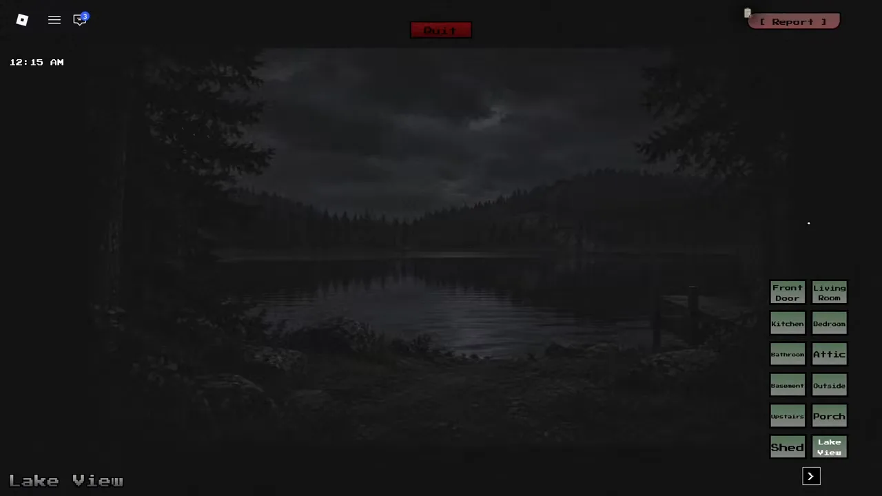 The Lake View camera feed in The Cabin — a moonlit lake and treeline at night, with the dock visible on the right