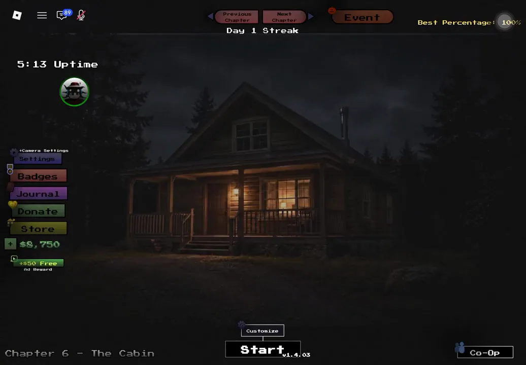 The Chapter 6 lobby screen in Anomaly Detected — the cabin at night with a warm porch light, Start button and version v1.4.03