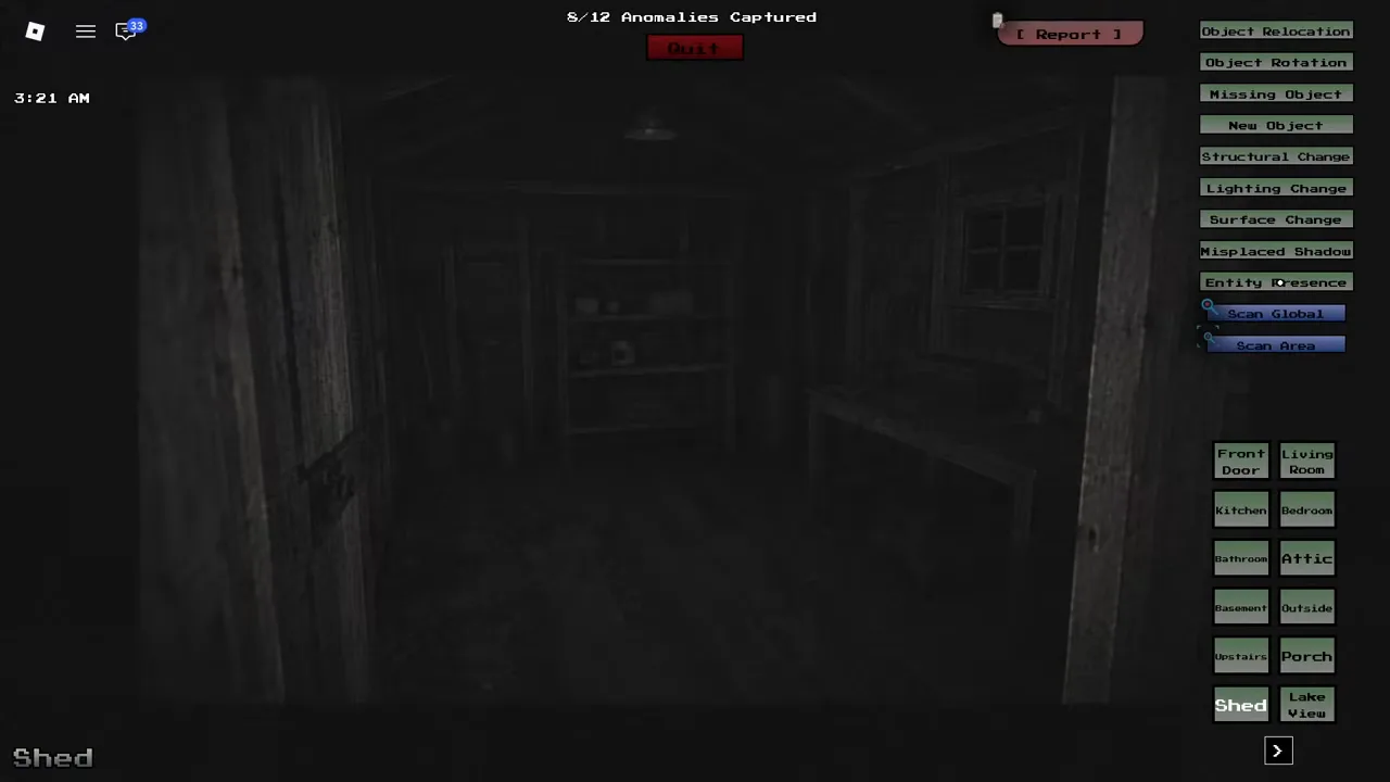 The Shed camera feed in The Cabin with the Report panel open — nine anomaly type buttons, Scan Global and Scan Area, and all twelve room buttons