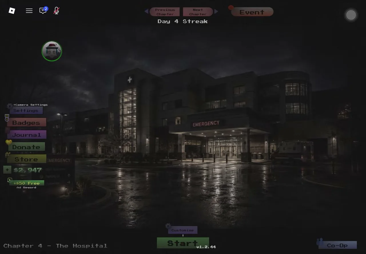 Anomaly Detected main lobby — chapter select over a hospital exterior at night, with Settings, Badges, Journal, Store buttons, cash balance, Day Streak counter, and Co-Op button