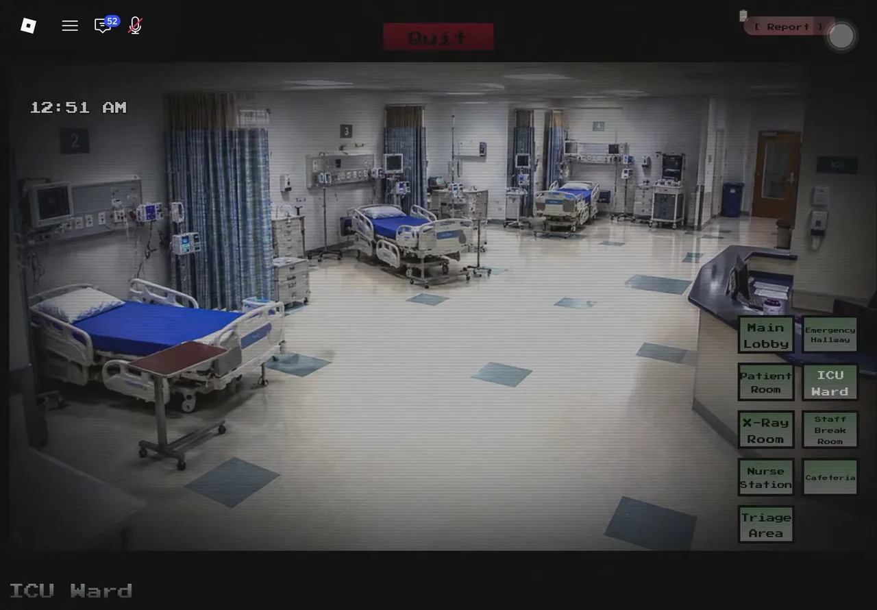 ICU Ward camera feed in The Hospital — a lit ward with four beds, medical monitors, and the nine-button camera panel on the right