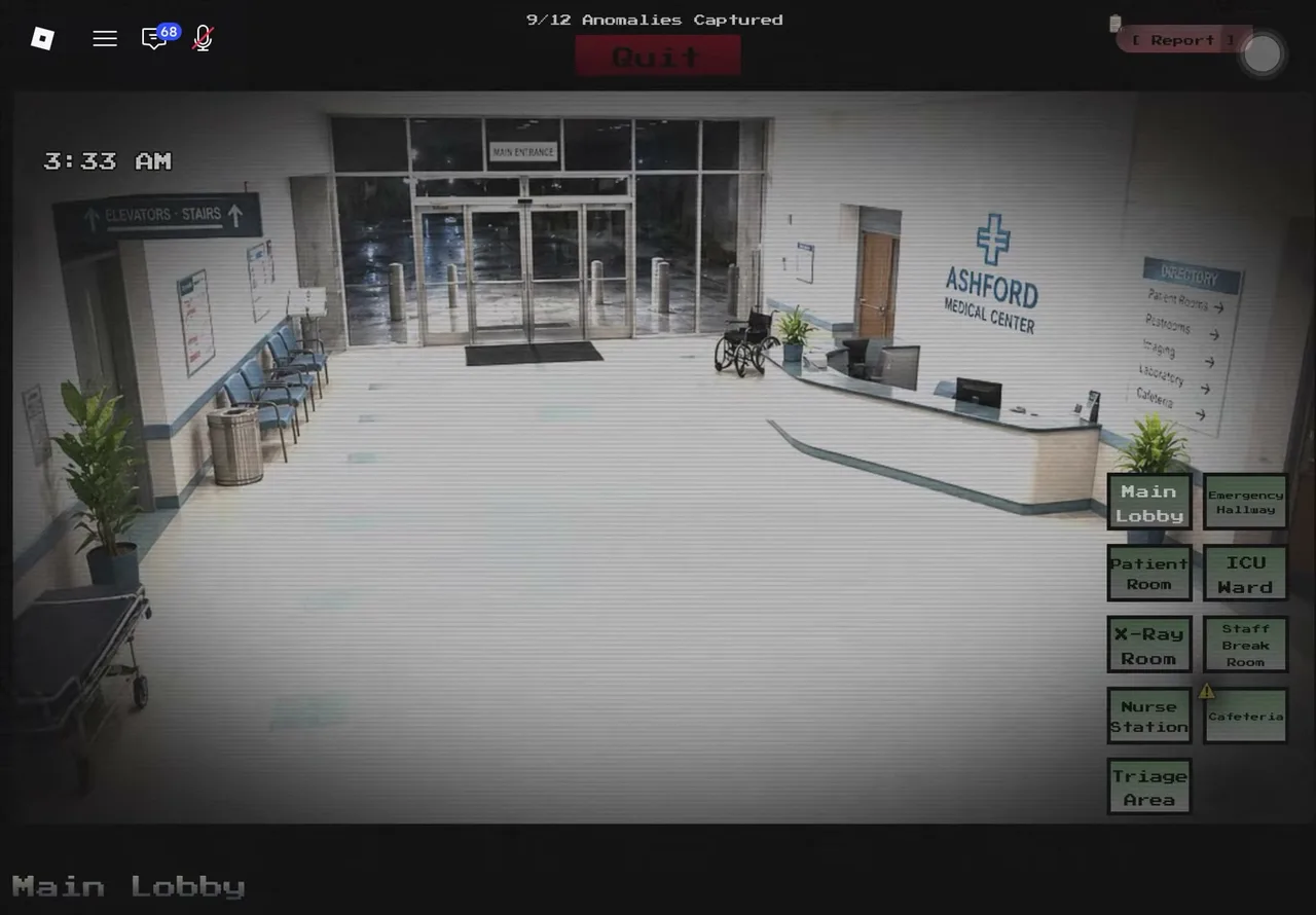 Main Lobby camera feed of Ashford Medical Center in The Hospital — a fully lit lobby with reception desk, wheelchair, and all nine hospital camera buttons on the right