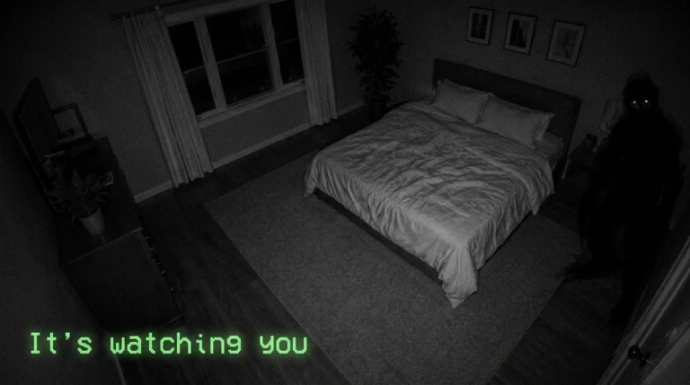 Night-vision bedroom camera feed in The Residence showing a dark entity with glowing eyes hiding beside the wardrobe — official Anomaly Detected screenshot