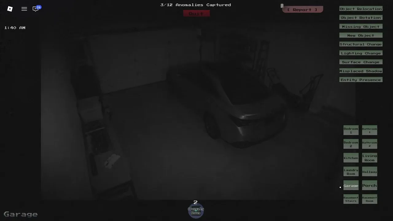 Garage camera feed in The Residence with the report panel open — all nine anomaly categories and the twelve room buttons are visible on the right