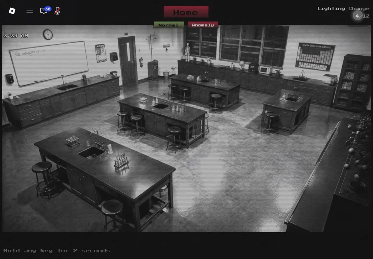 A captured Lighting Change anomaly in Anomaly Detected — the Science Lab feed fully lit among otherwise dark camera feeds, with the anomaly label Lighting Change and a 4/12 counter