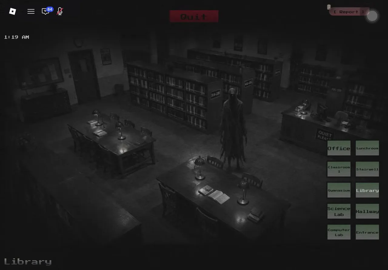 An Entity Presence anomaly in Anomaly Detected — a tall hooded figure standing in the school library at 1:19 AM on the Library camera feed